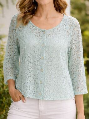 APRIL CORNELL Sheer Floral Lace Button-Up Blouse in Mint Green 3/4 Sleeve Sz XL